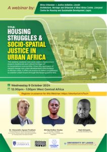 A flyer invitation on the webinar titled 'housing struggles and soci-spatial justice in urban africa'