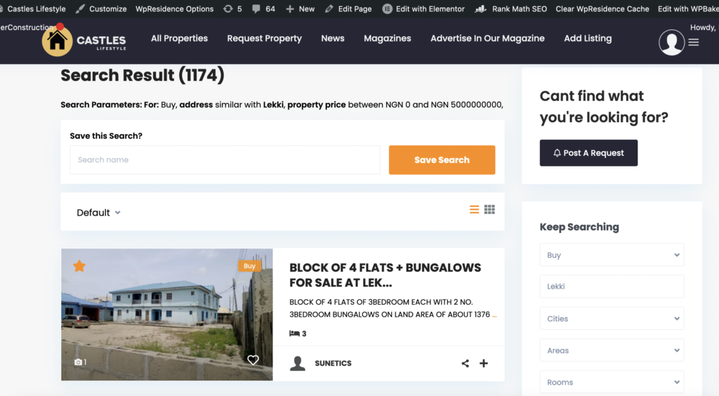 Screenshot of Castles.com.ng on search results for Lekki properties 