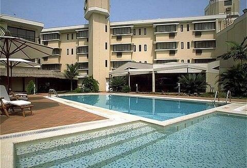 The rear view of The Moorhouse Hotel Ikoyi showing the swimming pool and back entrance